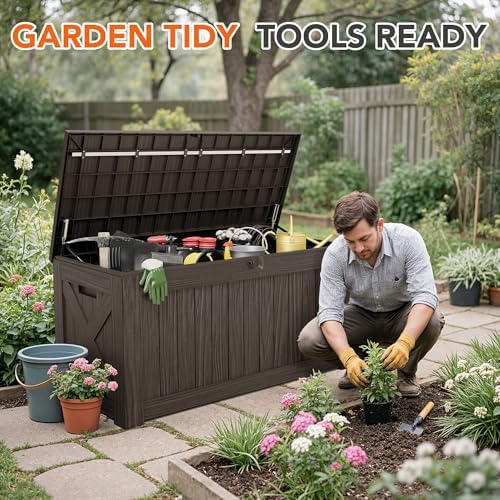 130 gallon deck box outdoor indoor waterproof storage showing dimensions