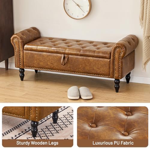 furniliving storage ottoman bench, leather benches end of, side view