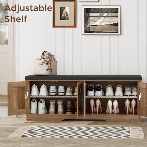 homsho farmhouse shoe storage bench with 4 barn, side view
