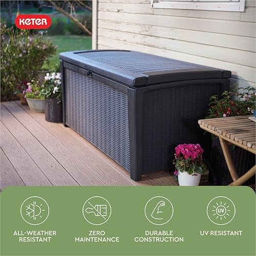 keter borneo outdoor storage deck box, 110 gallon showing dimensions