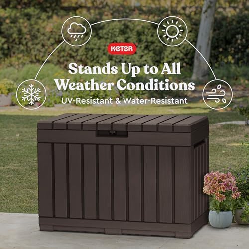 keter kentwood 50 gal outdoor storage box and showing dimensions
