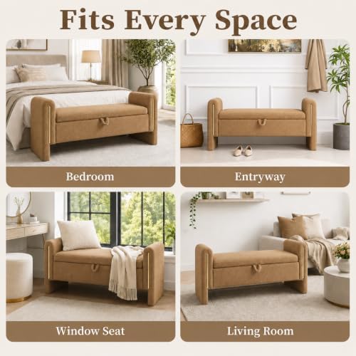 52" upholstered storage bench, brown, armrests, wood frame, view 9
