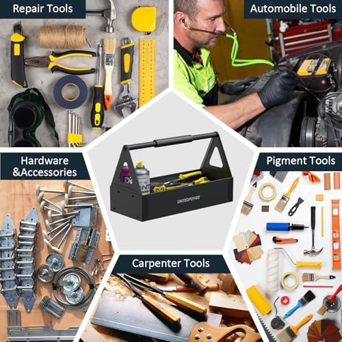 unitedpower handy tool box, portable metal tote tray on a desk or shelf
