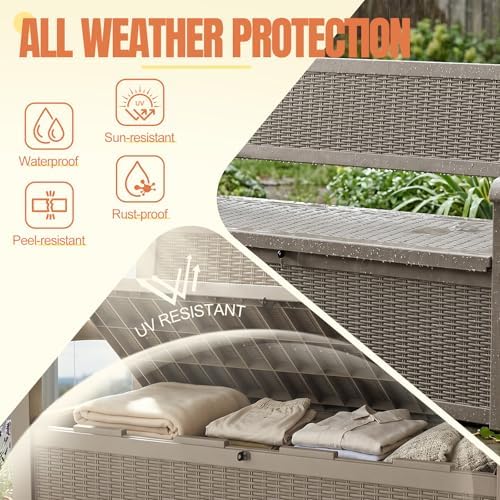 storage bench outdoor deck box, 140 gallon lockable shown in use