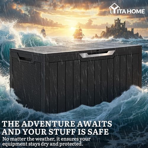yitahome 100 gallon large outdoor storage box showing dimensions