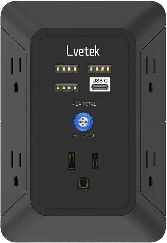 Surge Protector Outlet with 5-Multi Plug Outlet and 4 USB Ports, 3-Sided 1680J by Lvetek