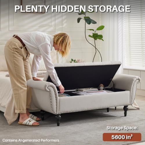 storage ottoman bench, 64" upholstered entryway bench, beige, close-up detail