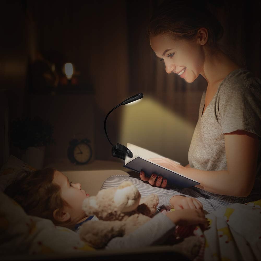 Vekkia Book Light Set with Charger, Clip on Reading Light in Bed | 3 Brightness,Up to 60 Hrs, Rechargeable,Eye-Care Warm LED for Read Before Bed (Incl Travel Case, Cable)