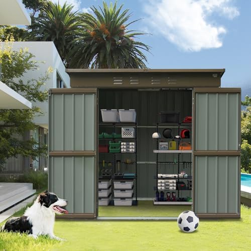 domi outdoor storage shed 6x4 ft, metal tool shown in use