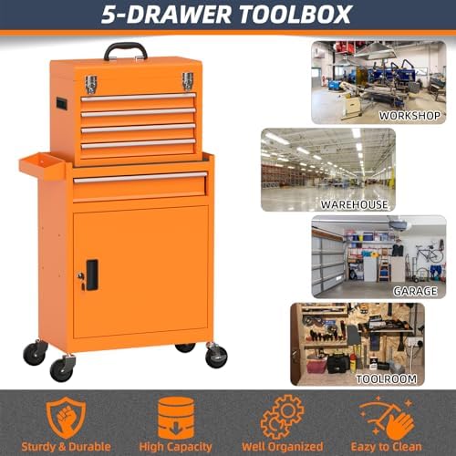 5-drawer high capacity rolling tool chest, removable cabinet on a desk or shelf