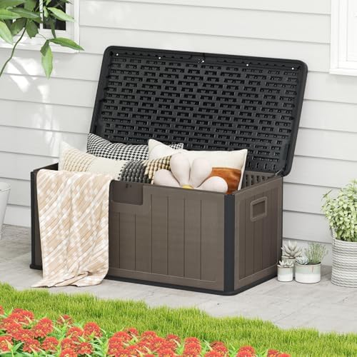 giantex 100 gallon deck box, waterproof resin box shown in use