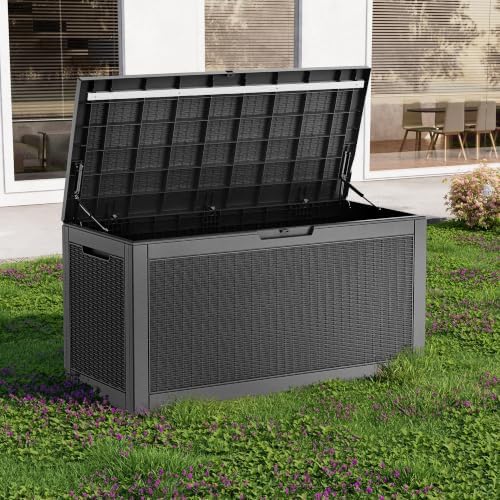 easyup 120 gal deck box waterproof outdoor storage on a desk or shelf