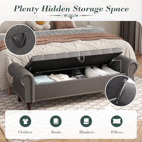 apicizon 60” bench with storage, upholstered tufted button showing dimensions