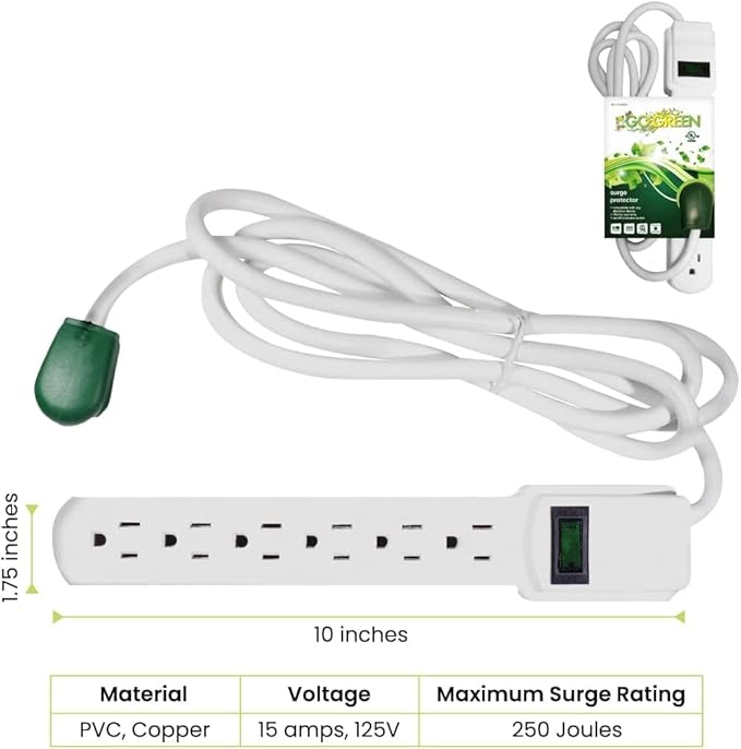 GoGreen Power Inc. 6 Outlet Surge Protector, 6FT Cord, 2 Pack - Image 2