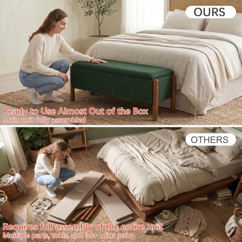 47" storage ottoman bench, boucle upholstered end of, close-up detail