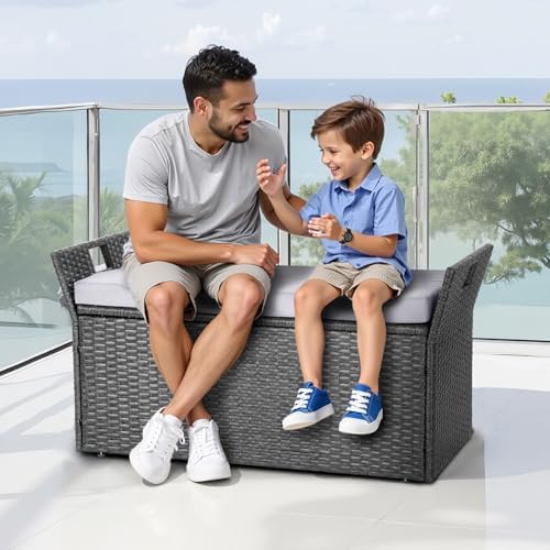 vevor outdoor storage bench, 2-person pe rattan storage shown in use