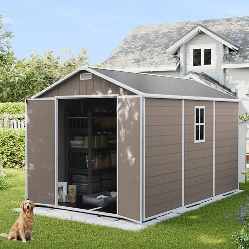 udpatio outdoor resin storage shed 7.5x10 ft, plastic, front angle view
