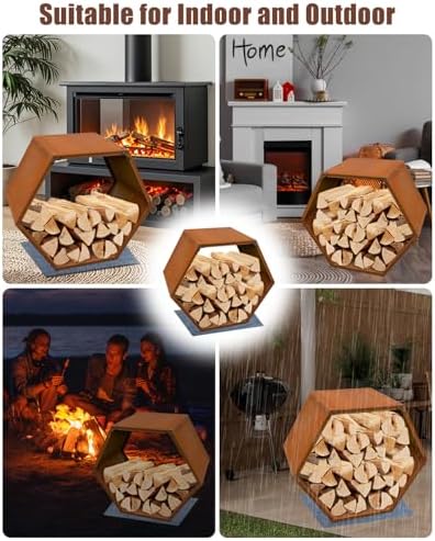 firewood rack outdoor, corten steel hexagon firewood holder on a desk or shelf
