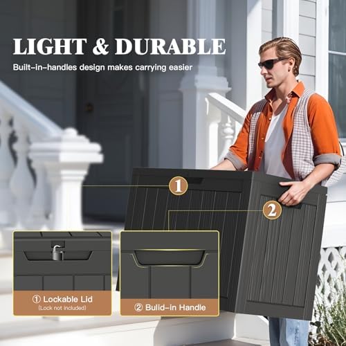 outdoor deck storage box, 50 gallon deck box,lockable showing dimensions