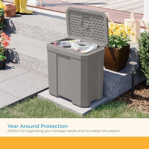 suncast 28 gal, heavy duty storage box, durable showing dimensions