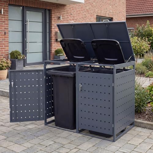 goplus 44 cu.ft outdoor trash can storage, garbage shown in use