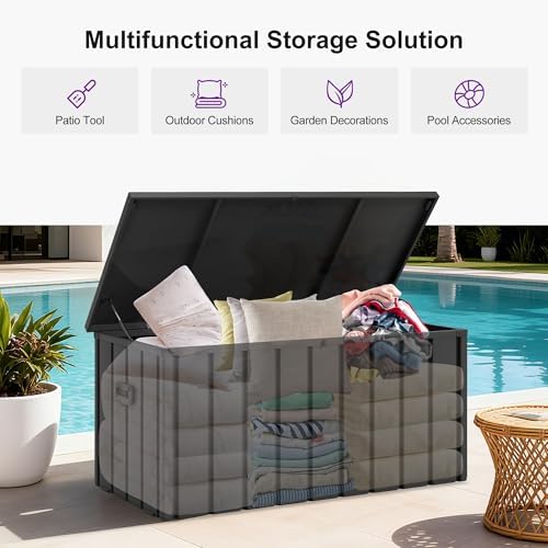 purple leaf outdoor deck box 150 gallon, waterproof, front angle view