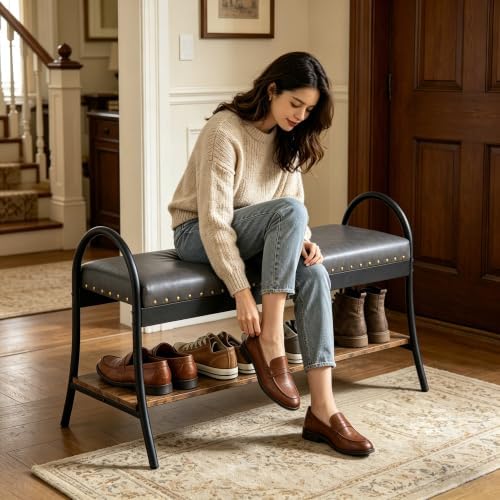 forteek 39.4" shoe bench with shelf, industrial faux, close-up detail