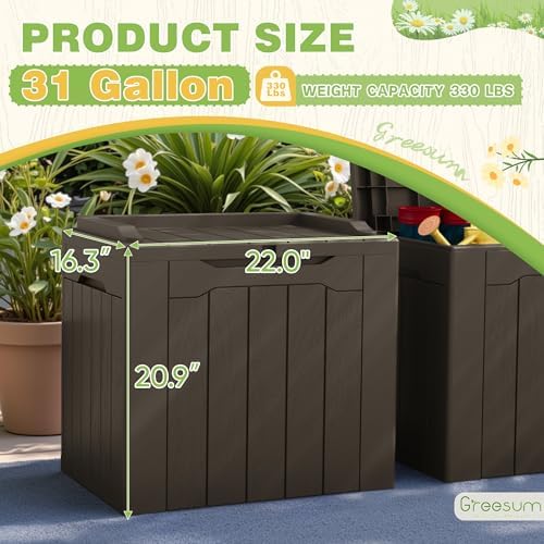 greesum 31 gallon deck box for outside, all on a desk or shelf