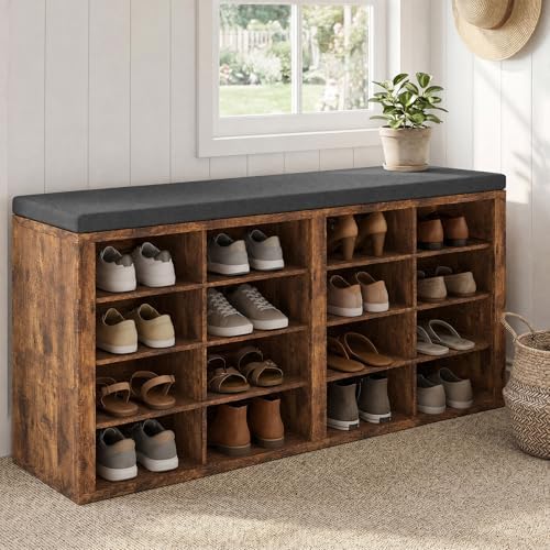shoe rack bench, shoe storage bench with cushion, side view