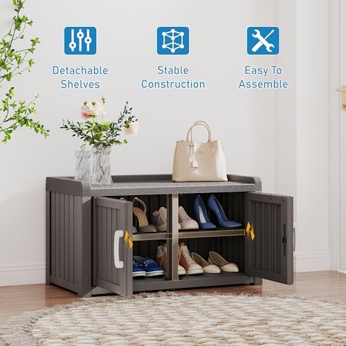 2-tier storage bench, waterproof uv-resistant outdoor shoe storage showing dimensions