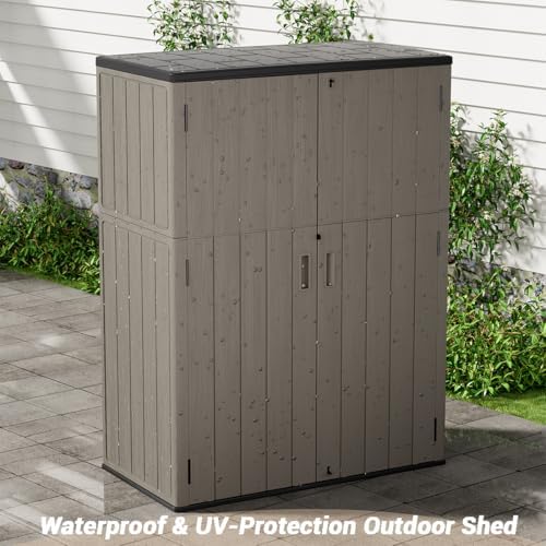 kinying outdoor storage cabinet waterproof, 57 cu.ft resin on a desk or shelf