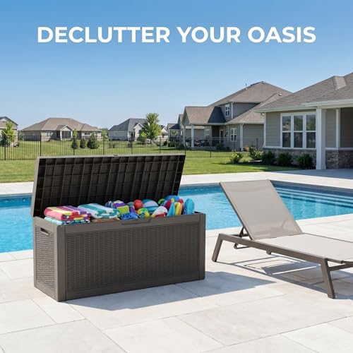 60 gallon deck box, waterproof resin outdoor storage showing dimensions