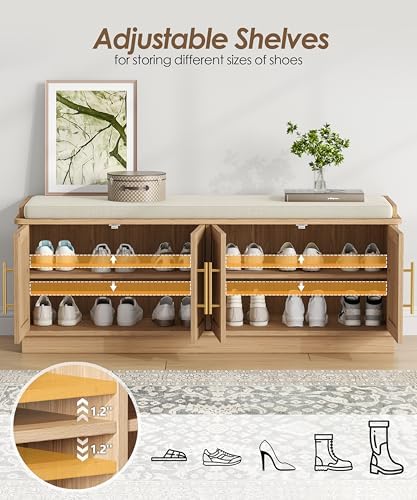 akxomel 47.2" fluted shoe storage bench 4 doors showing dimensions