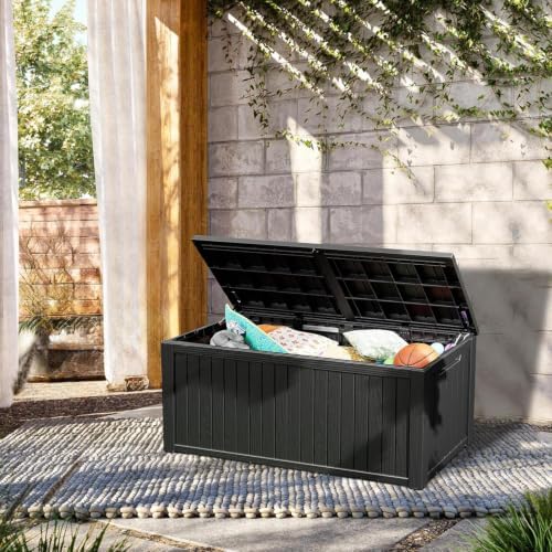 tarkari 320 gallon resin deck box, waterproof outdoor shown in use