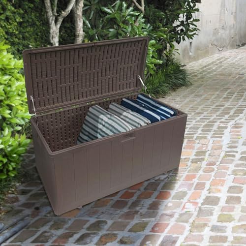 plastic development group outdoor deck box, soft close, side view