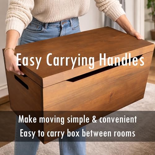 fully assembled, solid wood storage chest with lid on a desk or shelf