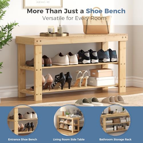 dumos wooden shoe rack bench, 3-tier bamboo entryway, side view