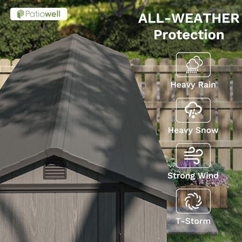 patiowell 4x8 ft plastic outdoor storage shed with on a desk or shelf