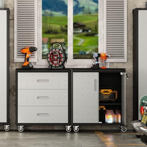garage tool storage cabinet with wheels & 2 shown in use