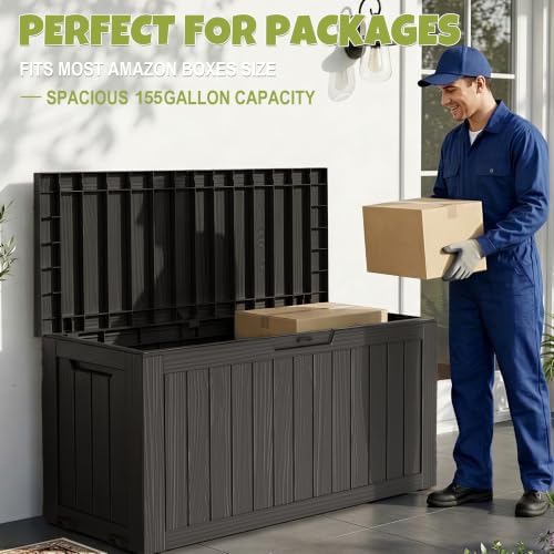 drato 155 gallon deck box waterproof outdoor storage on a desk or shelf
