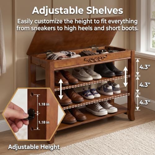 shoe rack bench with lift-top storage,3-tier shoe storage showing dimensions