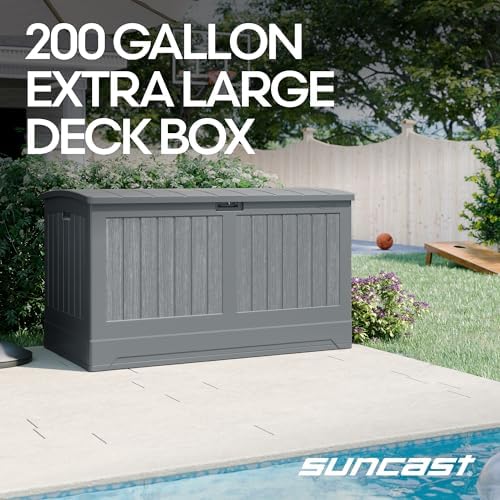 suncast xl deck box, 200 gal, all weather shown in use