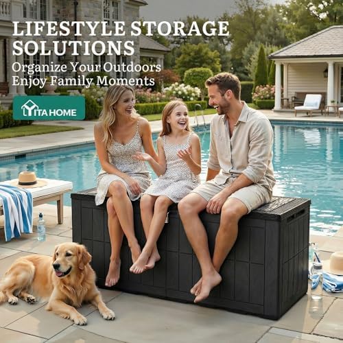 yitahome 134 gallon large outdoor storage box with showing dimensions