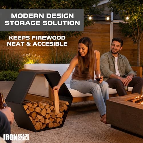 iron forge tools firewood rack, 30 inch hexagon, close-up detail