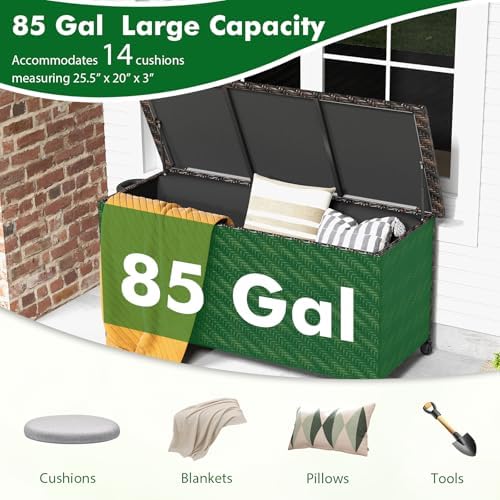 tangkula tightly-woven rattan deck box, patiojoy storage cabinet shown in use