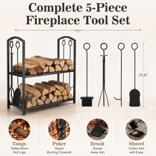 feed garden firewood rack with 4-piece fireplace tools shown in use