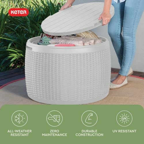 keter circa 37 gallon resin deck box stool, front angle view