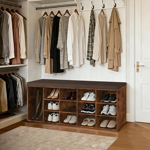 dinzi lvj shoe storage bench with cushion, 15-cubby shown in use