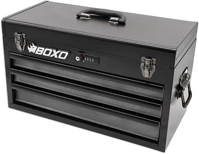 boxo usa 3-drawer hand carry toolbox – heavy, front angle view