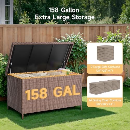 onbrill 158 gallon xl wicker deck box, outdoor shown in use